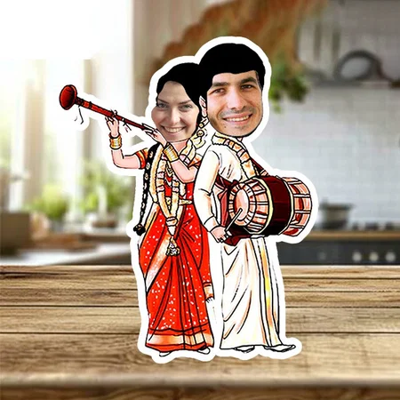 Mr. & Mrs. Customized Photo Printed Wooden Caricature Bobble Head - 5 x 7 Inches