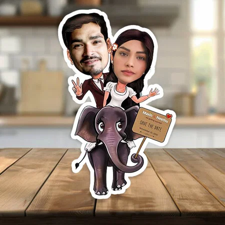Newlywed Couple Customized Photo Printed Wooden Caricature Bobble Head - 5 x 7 Inches