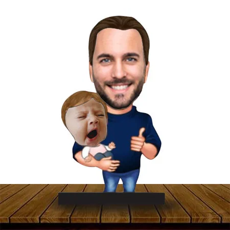 Father Son Duo Customized Wooden Caricature Bobble Head - 8 x 6 inches