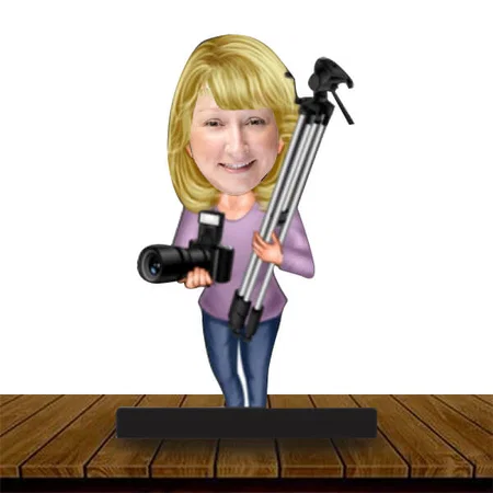 Lady Photographer Customized Wooden Caricature Bobble Head - 8 x 6 inches