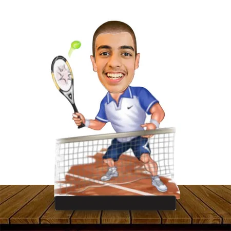 Lawn Tennis Boy Customized Wooden Caricature Bobble Head - 8 x 6 inches