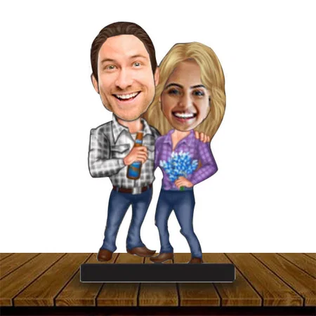 Modern Couple Customized Wooden Caricature Bobble Head - 8 x 6 inches