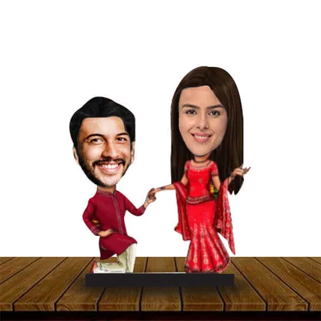 Traditional Couple Customized Wooden Caricature Bobble Head - 8 x 6 inches