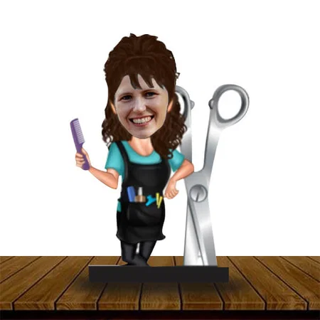 Woman Hair Stylist Customized Wooden Caricature Bobble Head - 8 x 6 inches