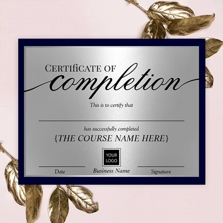 Certificate of Completion Navy & Silver Award Customized Horizontal Landscape Certificate