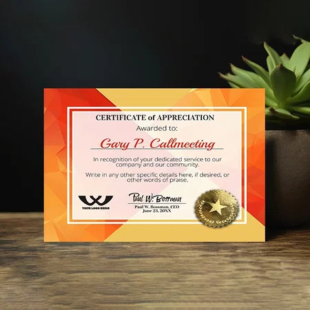 Certificate of Appreciation Volunteer Employee Customized Horizontal Landscape Certificate