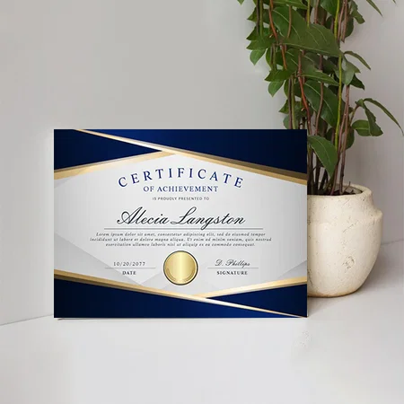 Blue & Gold Certificate of Achievement Award Customized Horizontal Landscape Certificate