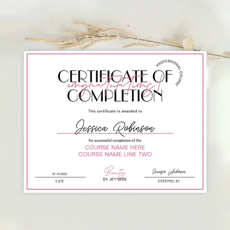 Certificate of Completion Beauty Lashes Pink Award Customized Horizontal Landscape Certificate