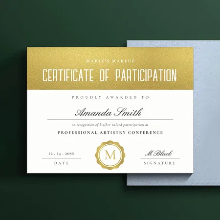 Metallic Gold Minimal Certificate of Participation Customized Horizontal Landscape Certificate