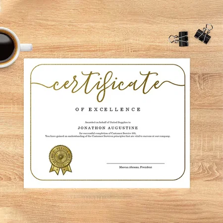 Certificate of Excellence Appreciation Customized Horizontal Landscape Certificate