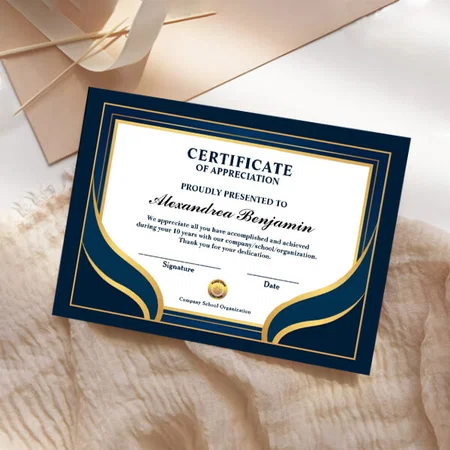 Achievement Appreciate Gold Blue Customized Horizontal Landscape Certificate