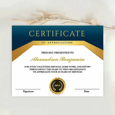 Modern Certificate of Achievement Blue Gold Customized Horizontal Landscape Certificate