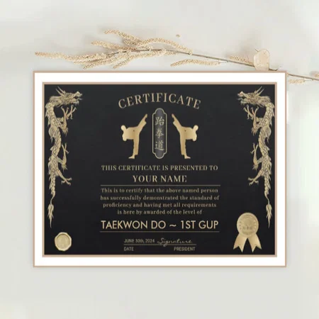 Taekwon Do Black Belt Award Customized Horizontal Landscape Certificate