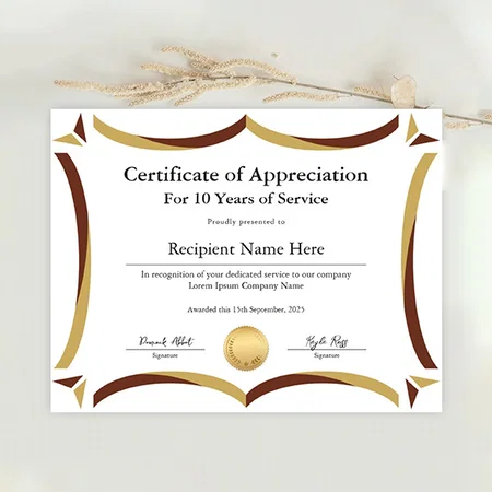 Certificate of Appreciation for Years of Service Customized Horizontal Landscape Certificate