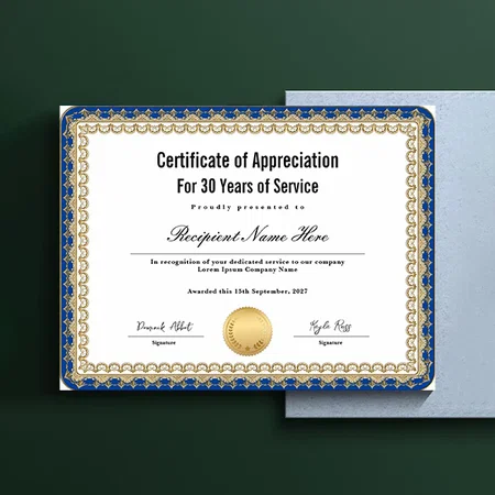Certificate of Appreciation for Years of Service Customized Horizontal Landscape Certificate