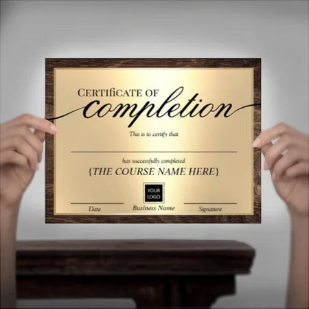 Certificate of Completion Gold & Wood Award Customized Horizontal Landscape Certificate