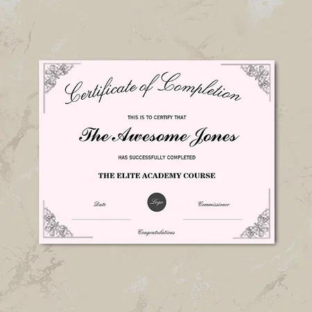 Pink Certificate of Completion Customized Horizontal Landscape Certificate