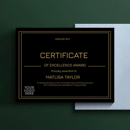 Black Certificate of Excellence Award Customized Horizontal Landscape Certificate