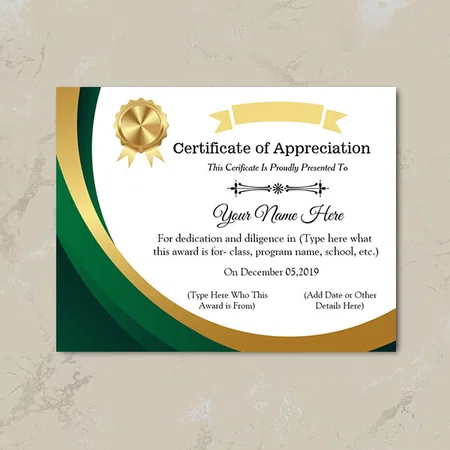 Green Gold Certificate of Appreciation Customized Horizontal Landscape Certificate