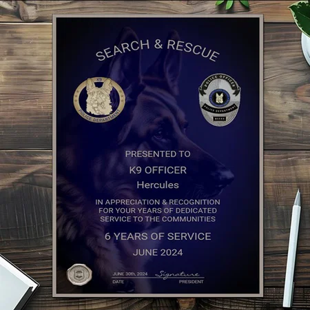 Dog Officer Retirement Award Customized Vertical Portrait Certificate