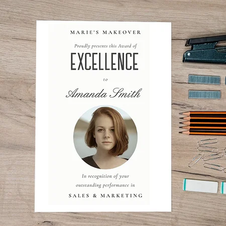Black & White Minimal Photo Award of Excellence Customized Vertical Portrait Certificate