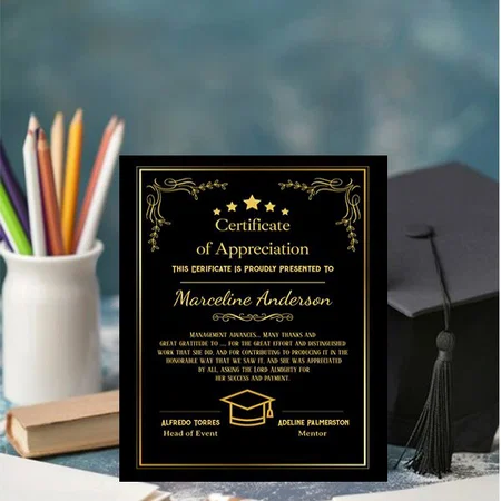 Black Gold School Certificate of Appreciation Customized Vertical Portrait Certificate