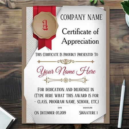 Red Certificate of Appreciation Award Customized Vertical Portrait Certificate