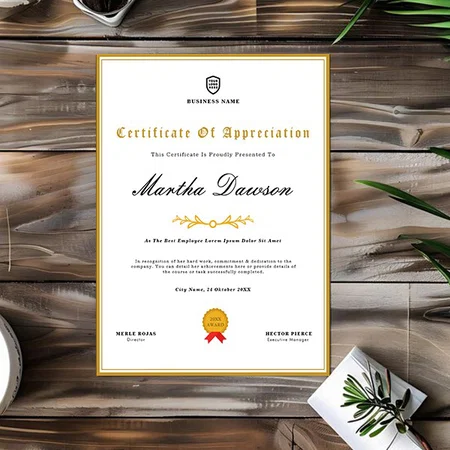 Golden Frame Certificate of Appreciation Customized Vertical Portrait Certificate
