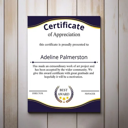 Blue Certificate of Appreciation Customized Vertical Portrait Certificate