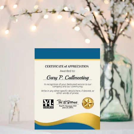 Certificate of Appreciation for Volunteer Employee Customized Vertical Portrait Certificate