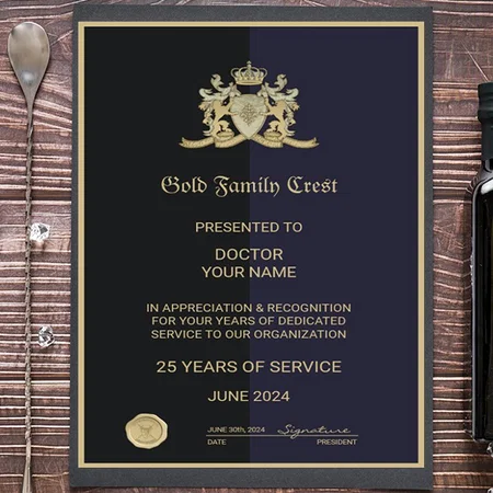 Gold Family Crest Award Customized Vertical Portrait Certificate