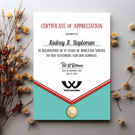 Faux Medal Universal Employee Anniversary Customized Vertical Portrait Certificate