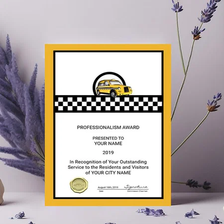 Taxi Service Award Customized Vertical Portrait Certificate