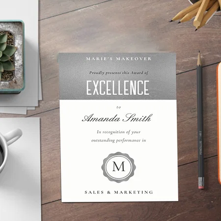 Silver Gold Minimal Logo Award of Excellence Customized Vertical Portrait Certificate