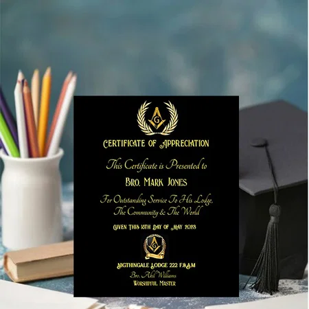 Freemason Certificate of Appreciation Award Customized Vertical Portrait Certificate