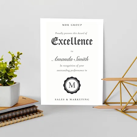 Black & White Minimal Logo Award of Excellence Customized Vertical Portrait Certificate