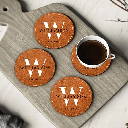 Classy Faux Leather Pattern Monogram Design Customized Photo Printed Circle Tea & Coffee Coasters