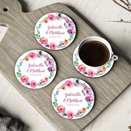 Watercolor Flowers Modern Customized Photo Printed Circle Tea & Coffee Coasters