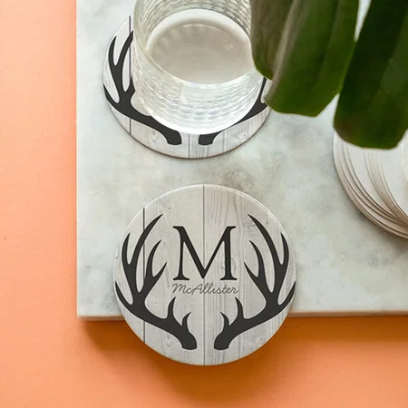 Elegant White Wood & Grey Deer Antlers Customized Photo Printed Circle Tea & Coffee Coasters