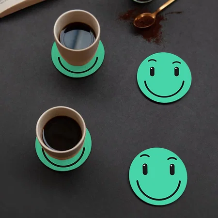 Mint Green Cute Smile Design Customized Photo Printed Circle Tea & Coffee Coasters