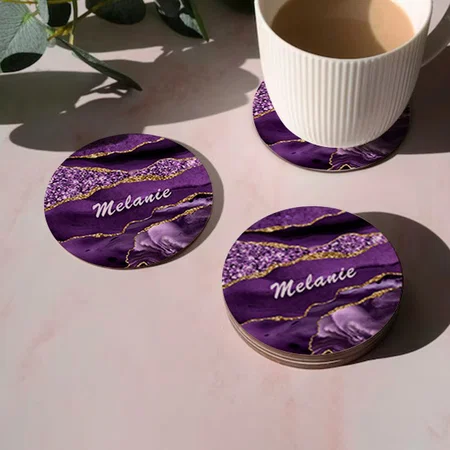 Purple Gold Glitter Design Customized Photo Printed Circle Tea & Coffee Coasters