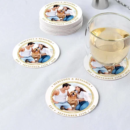 Photo Elegant Golden Frame Design Customized Photo Printed Circle Tea & Coffee Coasters