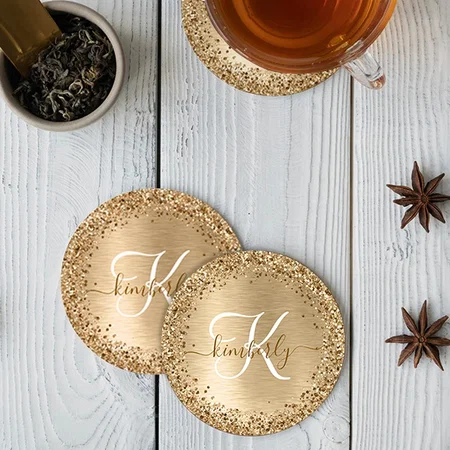 Faux Gold Brushed Metal Glitter Printed Monogram Customized Photo Printed Circle Tea & Coffee Coasters