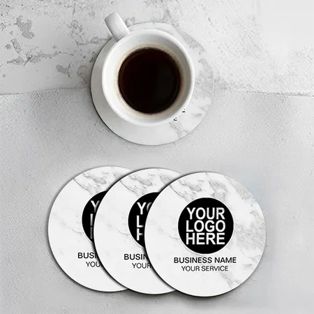 Logo Modern White grey Marble Customized Photo Printed Circle Tea & Coffee Coasters