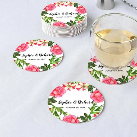Watercolor Pink Flowers Circle Wreath Design Customized Photo Printed Circle Tea & Coffee Coasters
