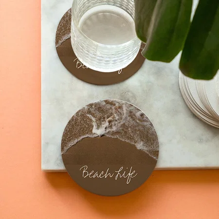 Beach Waves Sandy Ocean Water Customized Photo Printed Circle Tea & Coffee Coasters