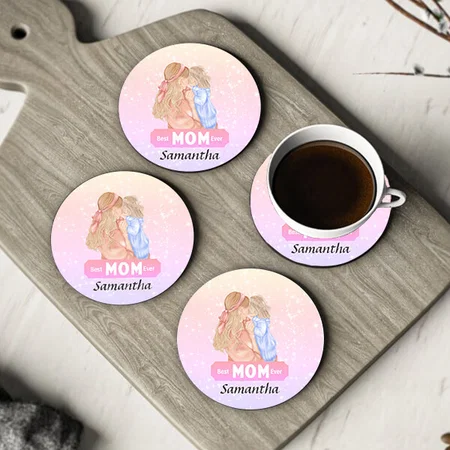Pink Watercolor Mother and Daughter Customized Photo Printed Circle Tea & Coffee Coasters
