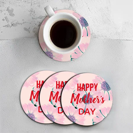 Pink Flowers Happy Mother's Day Customized Photo Printed Circle Tea & Coffee Coasters