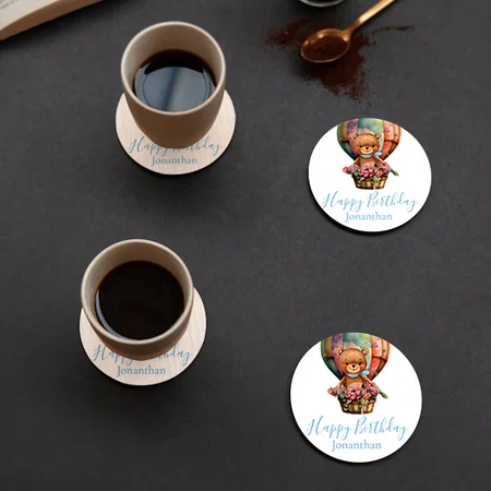 Happy Birthday Teddy Bear Balloons Customized Photo Printed Circle Tea & Coffee Coasters