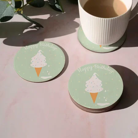 Happy Birthday Ice Cream Cone Customized Photo Printed Circle Tea & Coffee Coasters